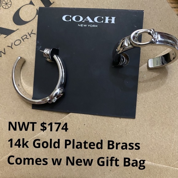 Coach Signature Hoops 14k Gold Plated Brass 1” in Diameter New Gift Bag NWT $175 - Picture 1 of 3